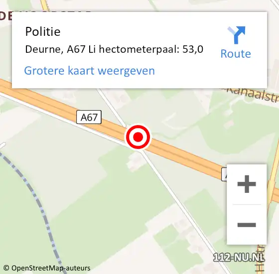 Locatie op kaart van de 112 melding: Politie Deurne, A67 Li hectometerpaal: 53,0 op 14 mei 2017 23:28