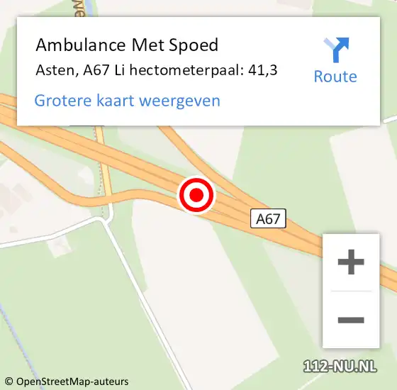 Locatie op kaart van de 112 melding: Ambulance Met Spoed Naar Asten, A67 Li hectometerpaal: 38,6 op 15 mei 2017 07:35