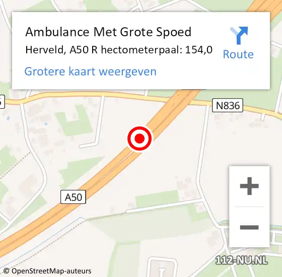 Locatie op kaart van de 112 melding: Ambulance Met Grote Spoed Naar Herveld, A50 R hectometerpaal: 154,0 op 16 mei 2017 07:26