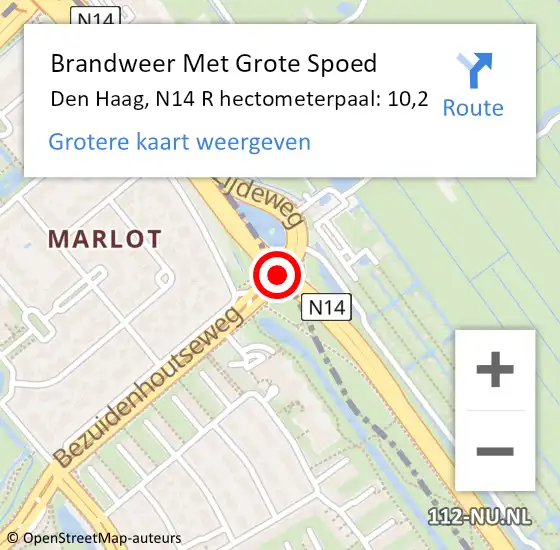 Locatie op kaart van de 112 melding: Brandweer Met Grote Spoed Naar Den Haag, N14 R hectometerpaal: 10,2 op 17 mei 2017 10:52