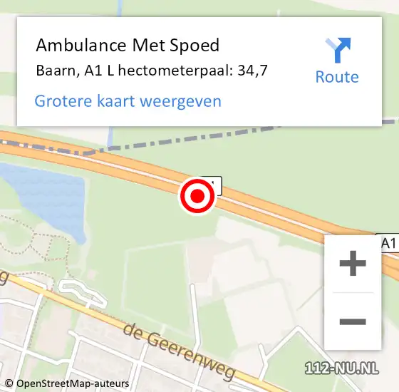 Locatie op kaart van de 112 melding: Ambulance Met Spoed Naar Baarn, A1 L hectometerpaal: 34,7 op 20 mei 2017 11:51