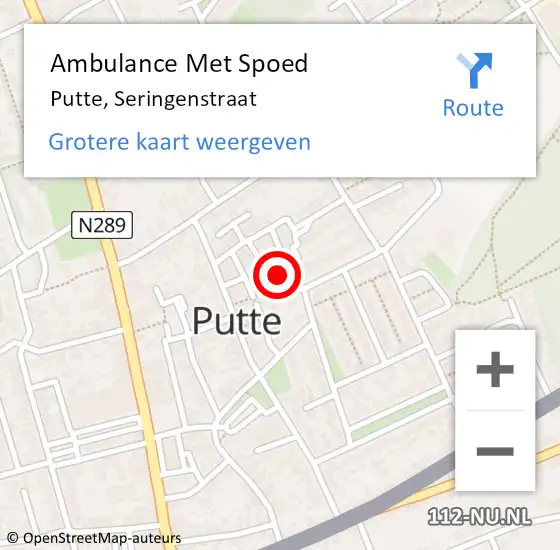 Locatie op kaart van de 112 melding: Ambulance Met Spoed Naar Putte, Seringenstraat op 22 mei 2017 02:38