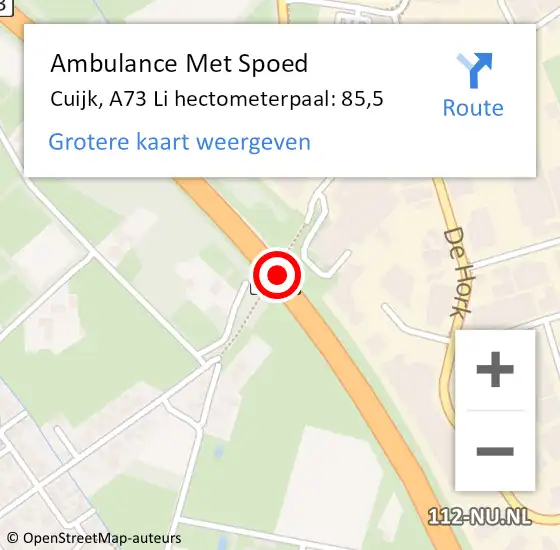 Locatie op kaart van de 112 melding: Ambulance Met Spoed Naar Cuijk, A73 Li hectometerpaal: 88,4 op 23 mei 2017 01:47