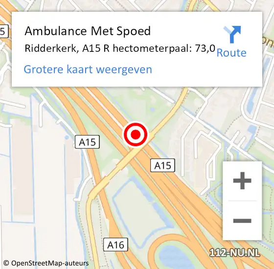 Locatie op kaart van de 112 melding: Ambulance Met Spoed Naar Ridderkerk, A15 R hectometerpaal: 73,0 op 24 mei 2017 11:19