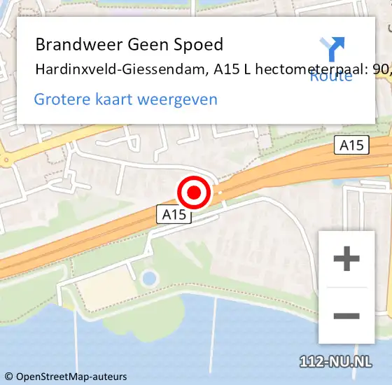 Locatie op kaart van de 112 melding: Brandweer Geen Spoed Naar Hardinxveld-Giessendam, A15 R hectometerpaal: 88,3 op 24 mei 2017 18:43