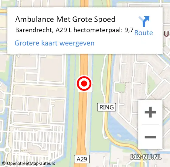 Locatie op kaart van de 112 melding: Ambulance Met Grote Spoed Naar Barendrecht, A29 L hectometerpaal: 13,1 op 26 mei 2017 13:06