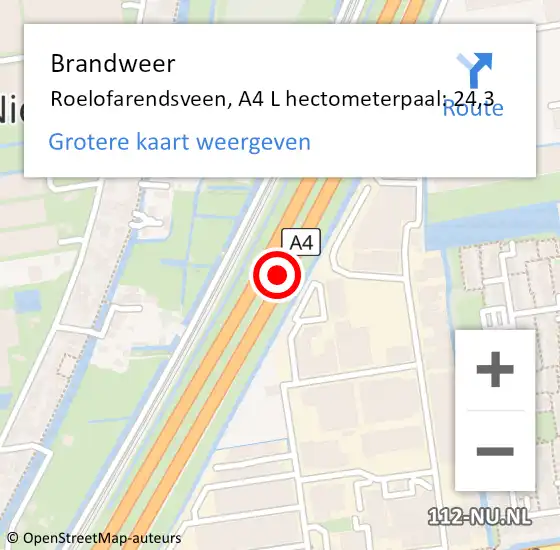 Locatie op kaart van de 112 melding: Brandweer Roelofarendsveen, A4 L hectometerpaal: 24,3 op 26 mei 2017 17:39