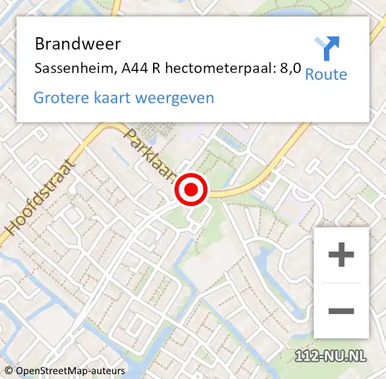 Locatie op kaart van de 112 melding: Brandweer Sassenheim, A44 R hectometerpaal: 8,0 op 27 mei 2017 03:43