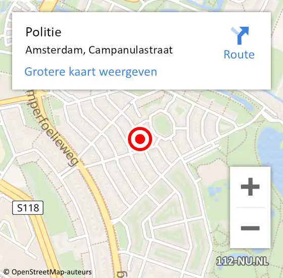 Locatie op kaart van de 112 melding: Politie Amsterdam, Campanulastraat op 27 mei 2017 15:31