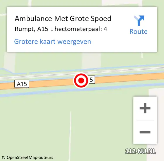 Locatie op kaart van de 112 melding: Ambulance Met Grote Spoed Naar Rumpt, A15 L hectometerpaal: 4 op 28 mei 2017 01:54