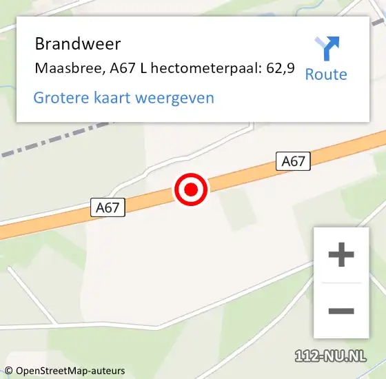 Locatie op kaart van de 112 melding: Brandweer Maasbree, A67 L hectometerpaal: 62,9 op 28 mei 2017 17:10