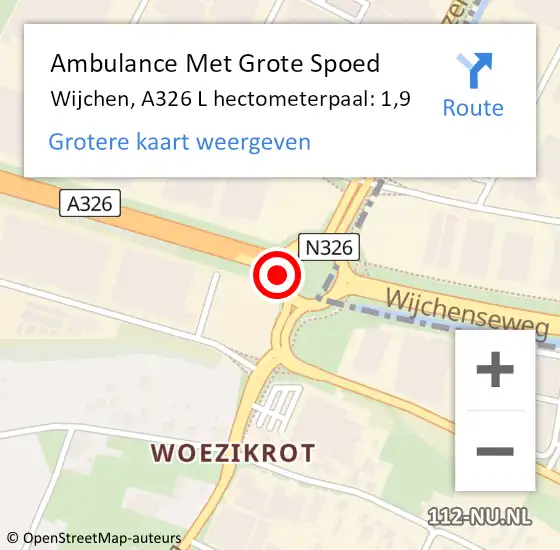 Locatie op kaart van de 112 melding: Ambulance Met Grote Spoed Naar Wijchen, A326 hectometerpaal: 1,5 op 29 mei 2017 08:41
