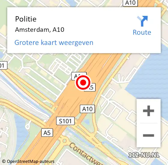 Locatie op kaart van de 112 melding: Politie Amsterdam, A10 op 31 mei 2017 17:56