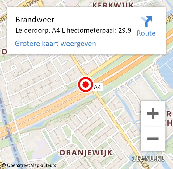Locatie op kaart van de 112 melding: Brandweer Leiderdorp, A4 L hectometerpaal: 29,9 op 31 mei 2017 23:45