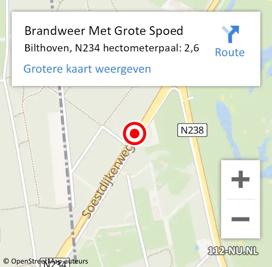 Locatie op kaart van de 112 melding: Brandweer Met Grote Spoed Naar Bilthoven, N234 hectometerpaal: 2,6 op 1 juni 2017 13:39