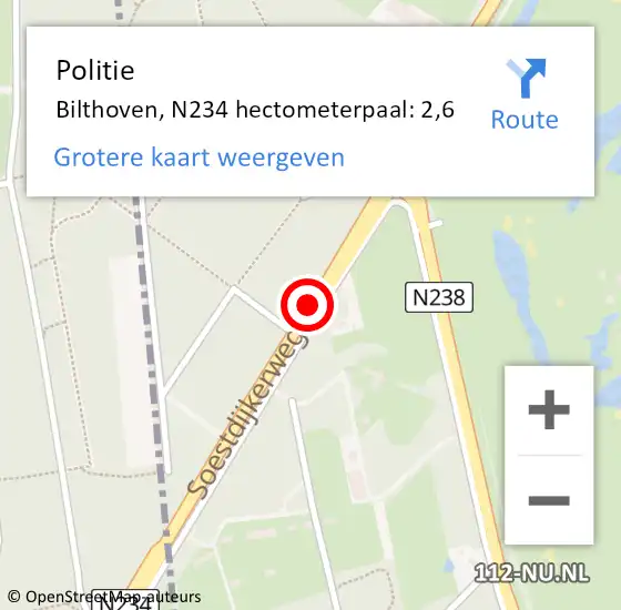 Locatie op kaart van de 112 melding: Politie Bilthoven, N234 hectometerpaal: 2,6 op 1 juni 2017 13:45