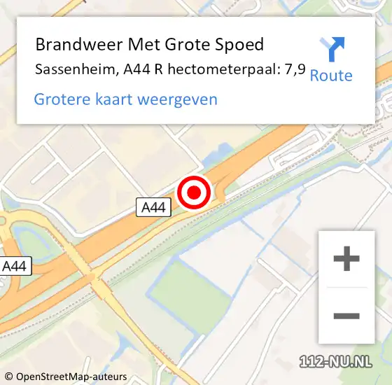 Locatie op kaart van de 112 melding: Brandweer Met Grote Spoed Naar Sassenheim, A44 R hectometerpaal: 7,9 op 1 juni 2017 17:35