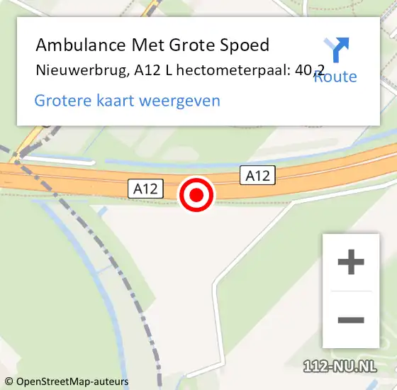 Locatie op kaart van de 112 melding: Ambulance Met Grote Spoed Naar Bodegraven, A12 R hectometerpaal: 40,3 op 2 juni 2017 07:42