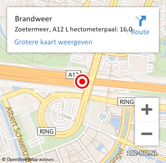 Locatie op kaart van de 112 melding: Brandweer Zoetermeer, A12 R hectometerpaal: 15,5 op 2 juni 2017 14:26