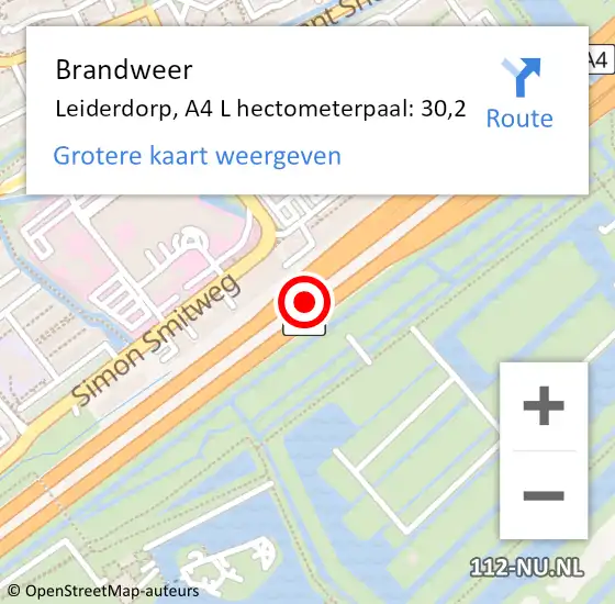Locatie op kaart van de 112 melding: Brandweer Leiderdorp, A4 L hectometerpaal: 29,8 op 5 juni 2017 14:22