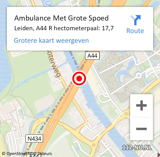 Locatie op kaart van de 112 melding: Ambulance Met Grote Spoed Naar Leiden, A44 R hectometerpaal: 17,7 op 8 juni 2017 11:33