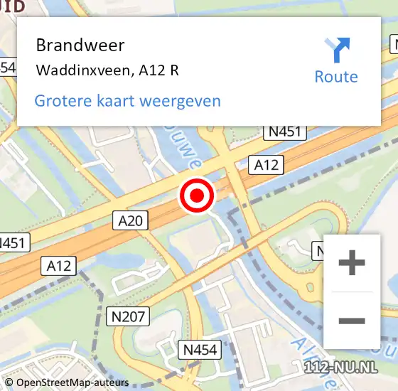 Locatie op kaart van de 112 melding: Brandweer Waddinxveen, A12 L hectometerpaal: 24,0 op 10 juni 2017 00:49