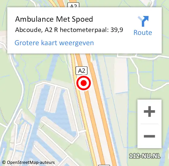 Locatie op kaart van de 112 melding: Ambulance Met Spoed Naar Abcoude, A2 R hectometerpaal: 39,9 op 12 juni 2017 08:59