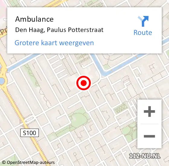 Locatie op kaart van de 112 melding: Ambulance Den Haag, Paulus Potterstraat op 14 juni 2017 12:10