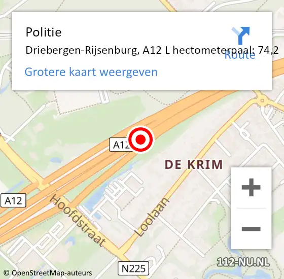 Locatie op kaart van de 112 melding: Politie Driebergen-Rijsenburg, A12 L hectometerpaal: 74,2 op 15 juni 2017 04:15