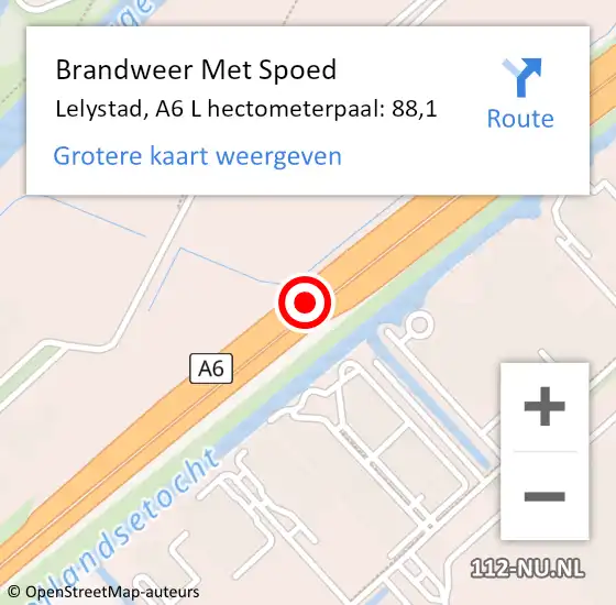 Locatie op kaart van de 112 melding: Brandweer Met Spoed Naar Lelystad, A6 L hectometerpaal: 88,1 op 16 juni 2017 17:54