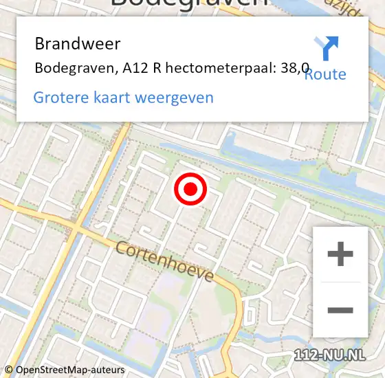Locatie op kaart van de 112 melding: Brandweer Bodegraven, A12 R hectometerpaal: 38,0 op 21 juni 2017 02:23