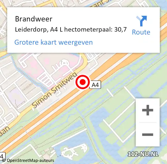 Locatie op kaart van de 112 melding: Brandweer Leiderdorp, A4 L hectometerpaal: 30,7 op 22 juni 2017 08:07