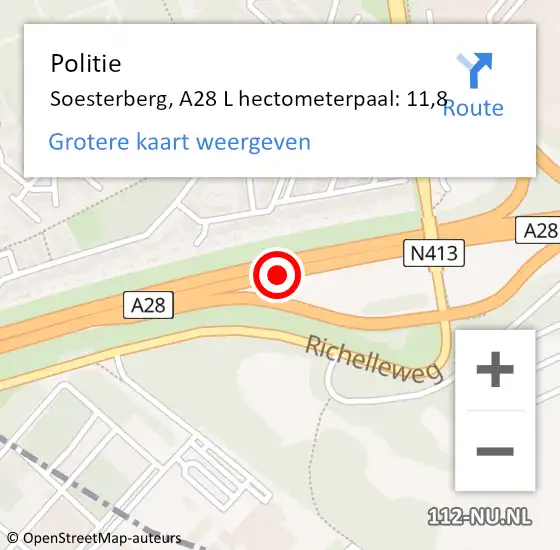 Locatie op kaart van de 112 melding: Politie Soesterberg, A28 R hectometerpaal: 11,0 op 22 juni 2017 08:20