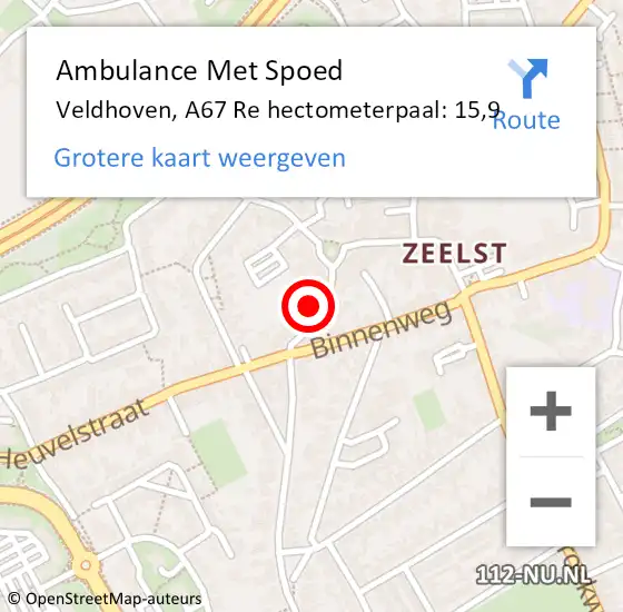 Locatie op kaart van de 112 melding: Ambulance Met Spoed Naar Veldhoven, A67 Re hectometerpaal: 15,5 op 22 juni 2017 12:53