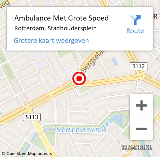 Locatie op kaart van de 112 melding: Ambulance Met Grote Spoed Naar Rotterdam, Stadhoudersplein op 22 juni 2017 14:42