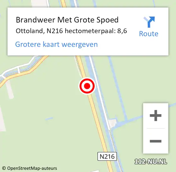 Locatie op kaart van de 112 melding: Brandweer Met Grote Spoed Naar Ottoland, N216 hectometerpaal: 8,6 op 22 juni 2017 14:58