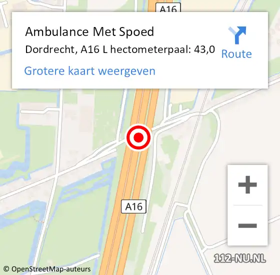 Locatie op kaart van de 112 melding: Ambulance Met Spoed Naar Dordrecht, A16 L hectometerpaal: 43,0 op 22 juni 2017 16:02