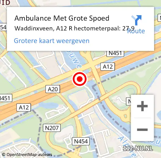Locatie op kaart van de 112 melding: Ambulance Met Grote Spoed Naar Waddinxveen, A12 L hectometerpaal: 29,1 op 22 juni 2017 17:25