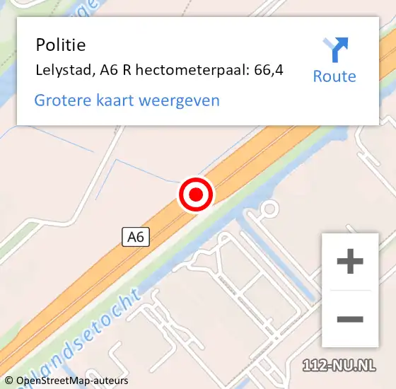 Locatie op kaart van de 112 melding: Politie Lelystad, A6 R hectometerpaal: 66,4 op 22 juni 2017 19:06