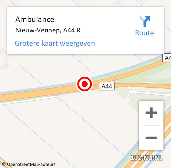 Locatie op kaart van de 112 melding: Ambulance Nieuw-Vennep, A44 R op 22 juni 2017 21:51