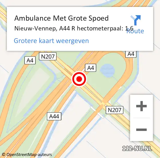 Locatie op kaart van de 112 melding: Ambulance Met Grote Spoed Naar Nieuw-Vennep, A44 R hectometerpaal: 1,0 op 22 juni 2017 21:51