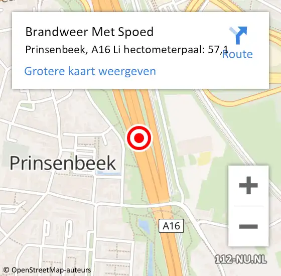 Locatie op kaart van de 112 melding: Brandweer Met Spoed Naar Prinsenbeek, A16 R hectometerpaal: 56,9 op 23 juni 2017 06:10