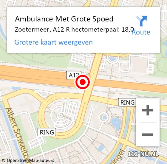 Locatie op kaart van de 112 melding: Ambulance Met Grote Spoed Naar Zoetermeer, A12 R hectometerpaal: 18,4 op 23 juni 2017 15:12
