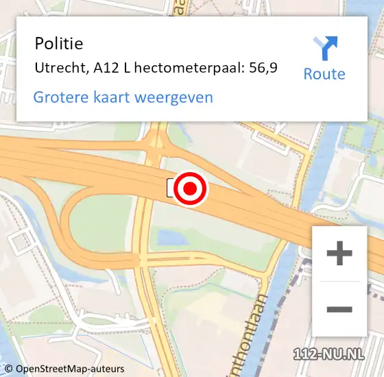 Locatie op kaart van de 112 melding: Politie Utrecht, A12 R hectometerpaal: 57,4 op 27 juni 2017 13:29