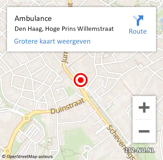 Locatie op kaart van de 112 melding: Ambulance Den Haag, Hoge Prins Willemstraat op 28 juni 2017 13:16