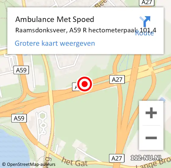 Locatie op kaart van de 112 melding: Ambulance Met Spoed Naar Raamsdonksveer, A59 R hectometerpaal: 102,7 op 28 juni 2017 16:40