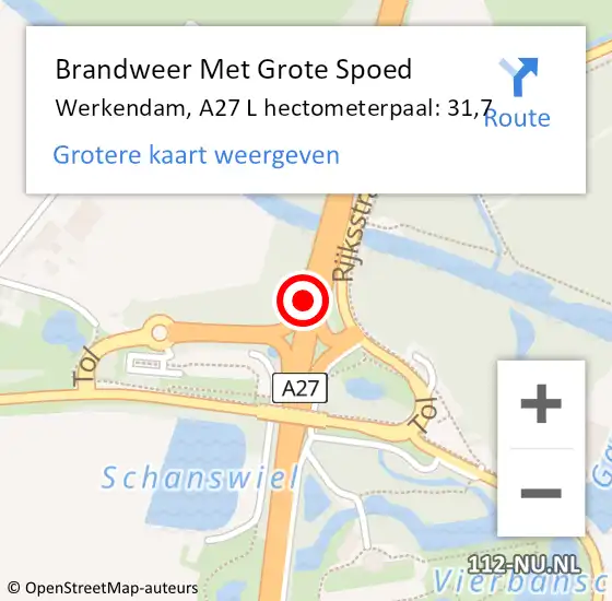 Locatie op kaart van de 112 melding: Brandweer Met Grote Spoed Naar Werkendam, A27 R hectometerpaal: 31,7 op 29 juni 2017 18:24