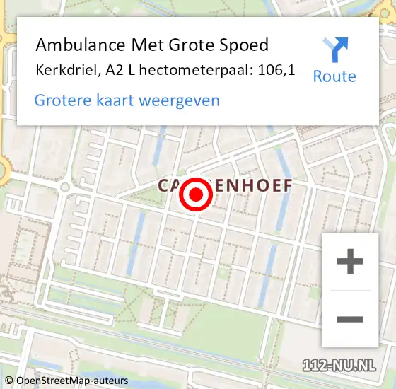 Locatie op kaart van de 112 melding: Ambulance Met Grote Spoed Naar Kerkdriel, A2 L hectometerpaal: 106,1 op 1 juli 2017 03:31