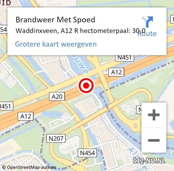 Locatie op kaart van de 112 melding: Brandweer Met Spoed Naar Waddinxveen, A12 R hectometerpaal: 30,0 op 1 juli 2017 13:29