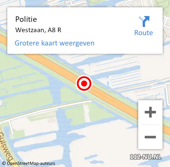 Locatie op kaart van de 112 melding: Politie Westzaan, A8 R op 2 juli 2017 20:02